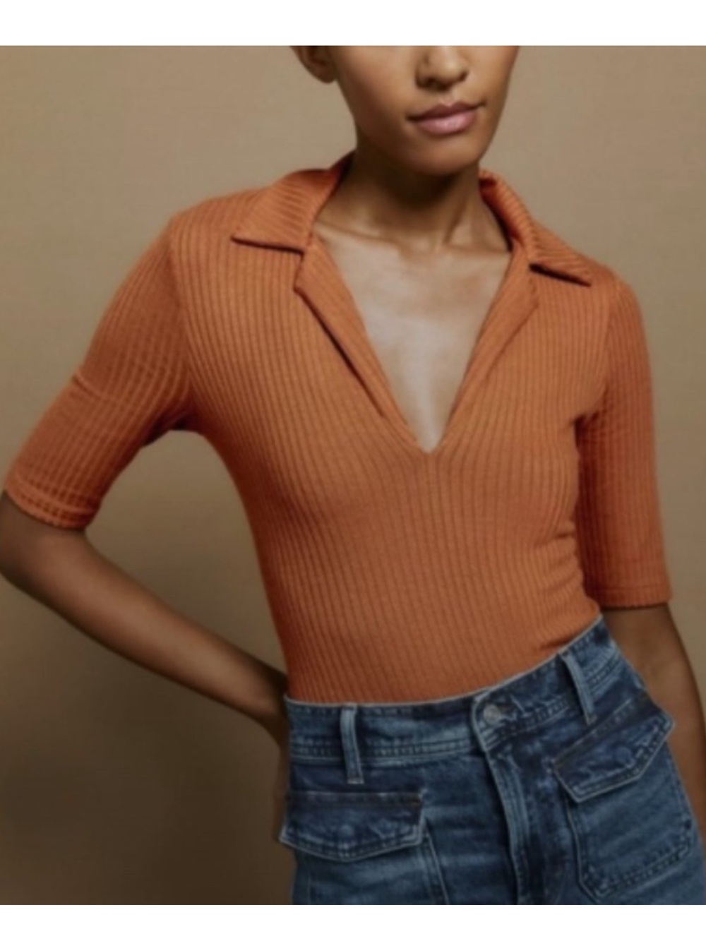 Reformation Ribbed V-Neck Polo Top in Burnt Orange